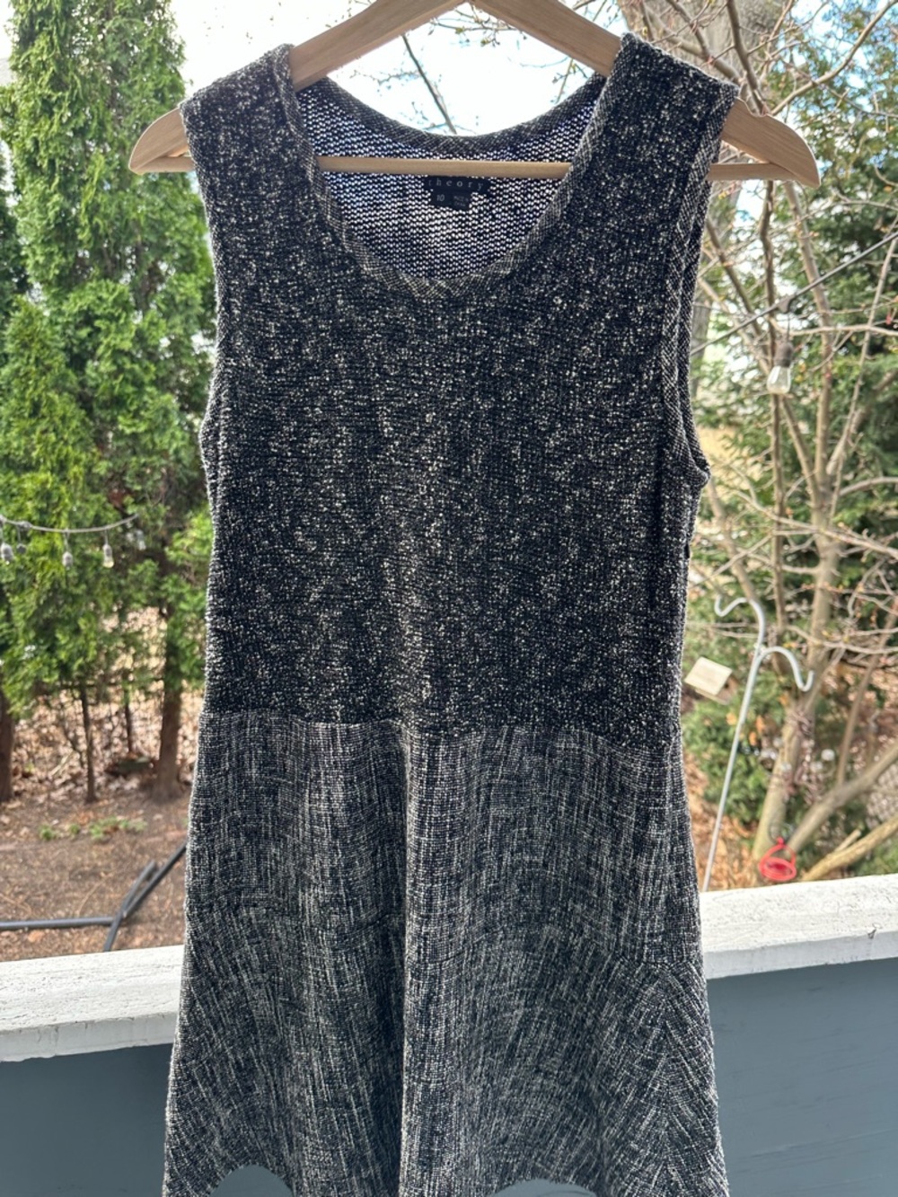 Theory Black and Cream Textured Knit Scoop Neck Dress
